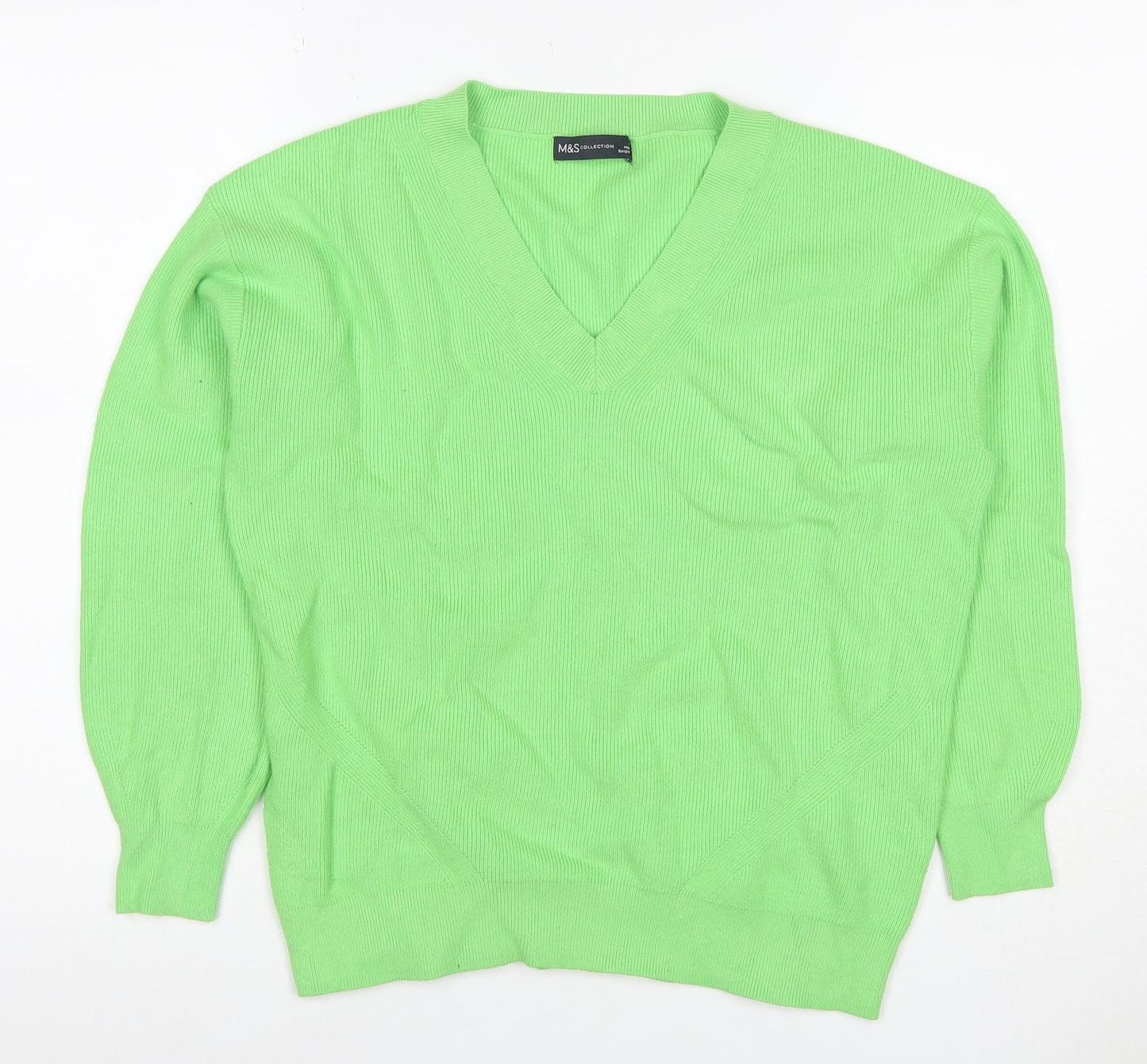 Marks and Spencer Women Green M V-Neck Ribbed Knit Long Sleeve Jumper