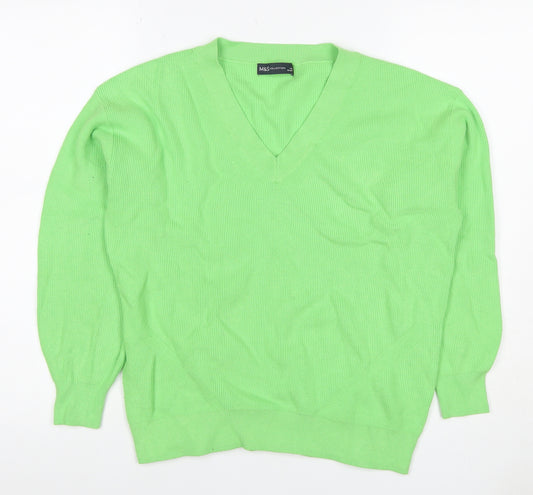 Marks and Spencer Women Green M V-Neck Ribbed Knit Long Sleeve Jumper