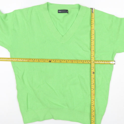 Marks and Spencer Women Green M V-Neck Ribbed Knit Long Sleeve Jumper