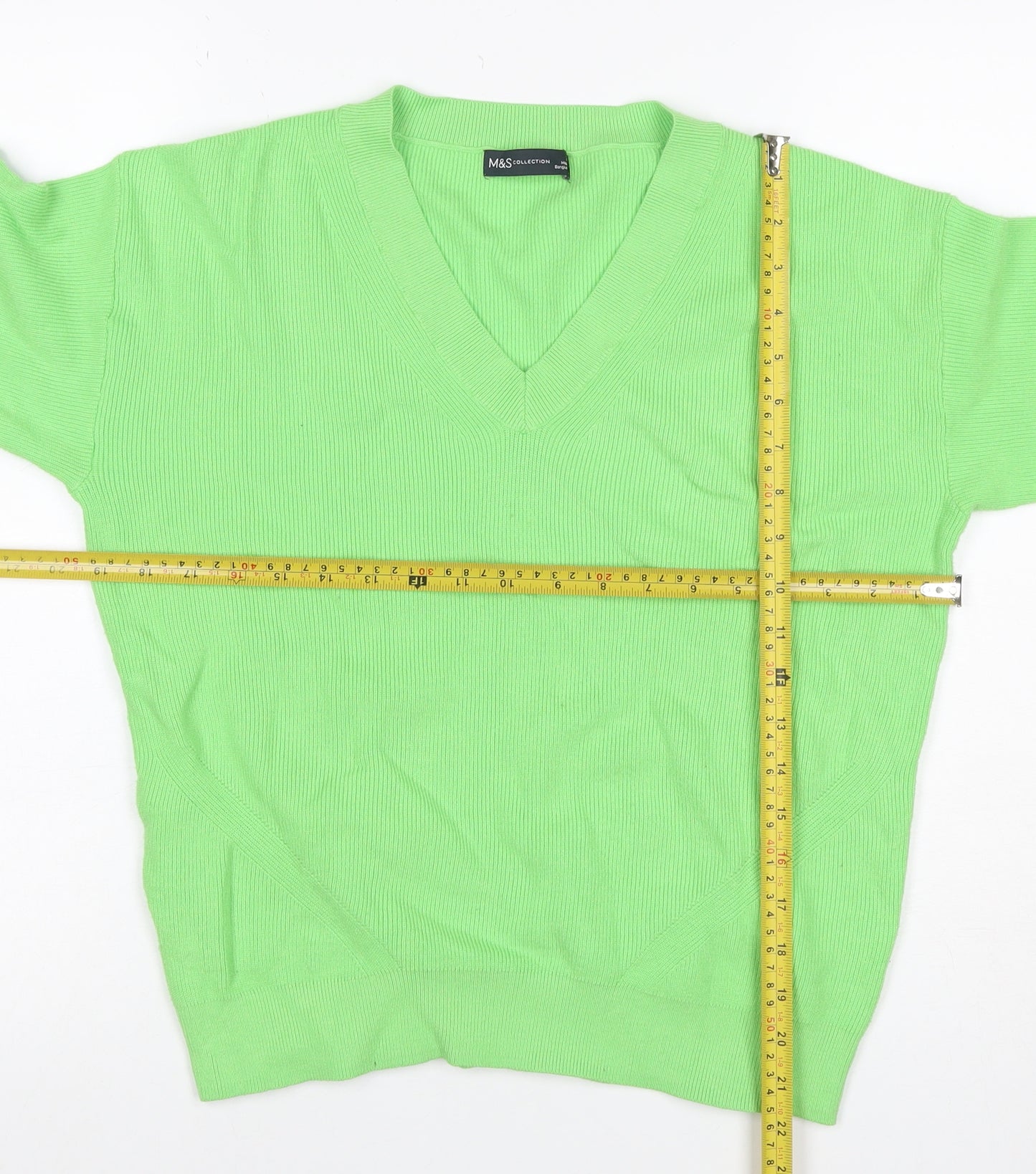 Marks and Spencer Women Green M V-Neck Ribbed Knit Long Sleeve Jumper