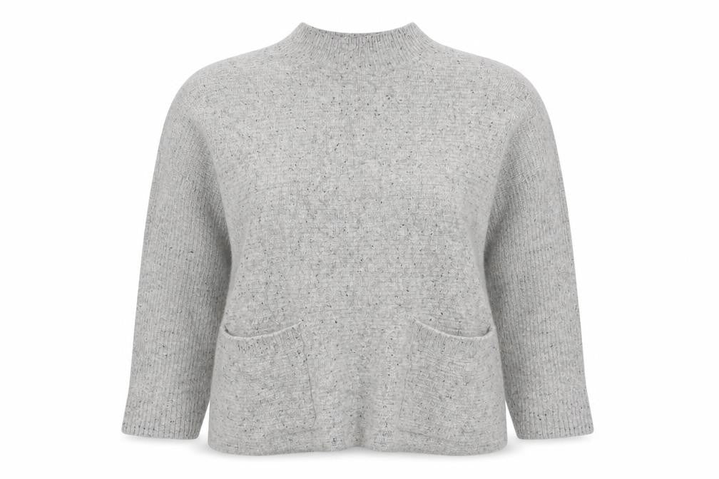 Front view of White Stuff Women’s Grey Wool Silk Mock Neck Pocket Jumper UK 16