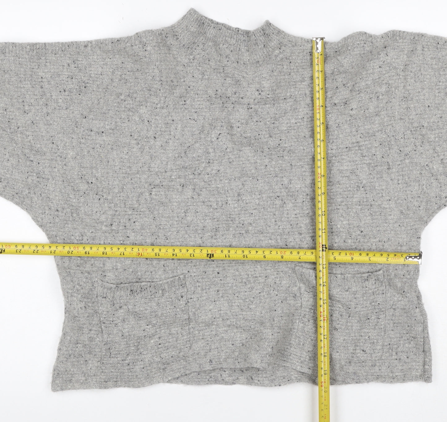 White Stuff Women’s Grey Wool Silk Mock Neck Pocket Jumper UK 16