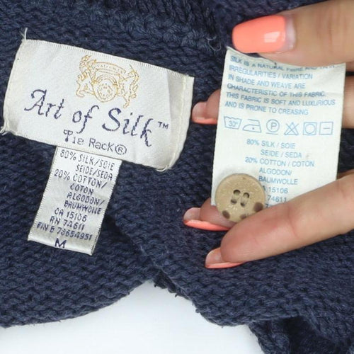 Art of Silk Women’s Blue M Silk Cotton V-Neck Button Cardigan