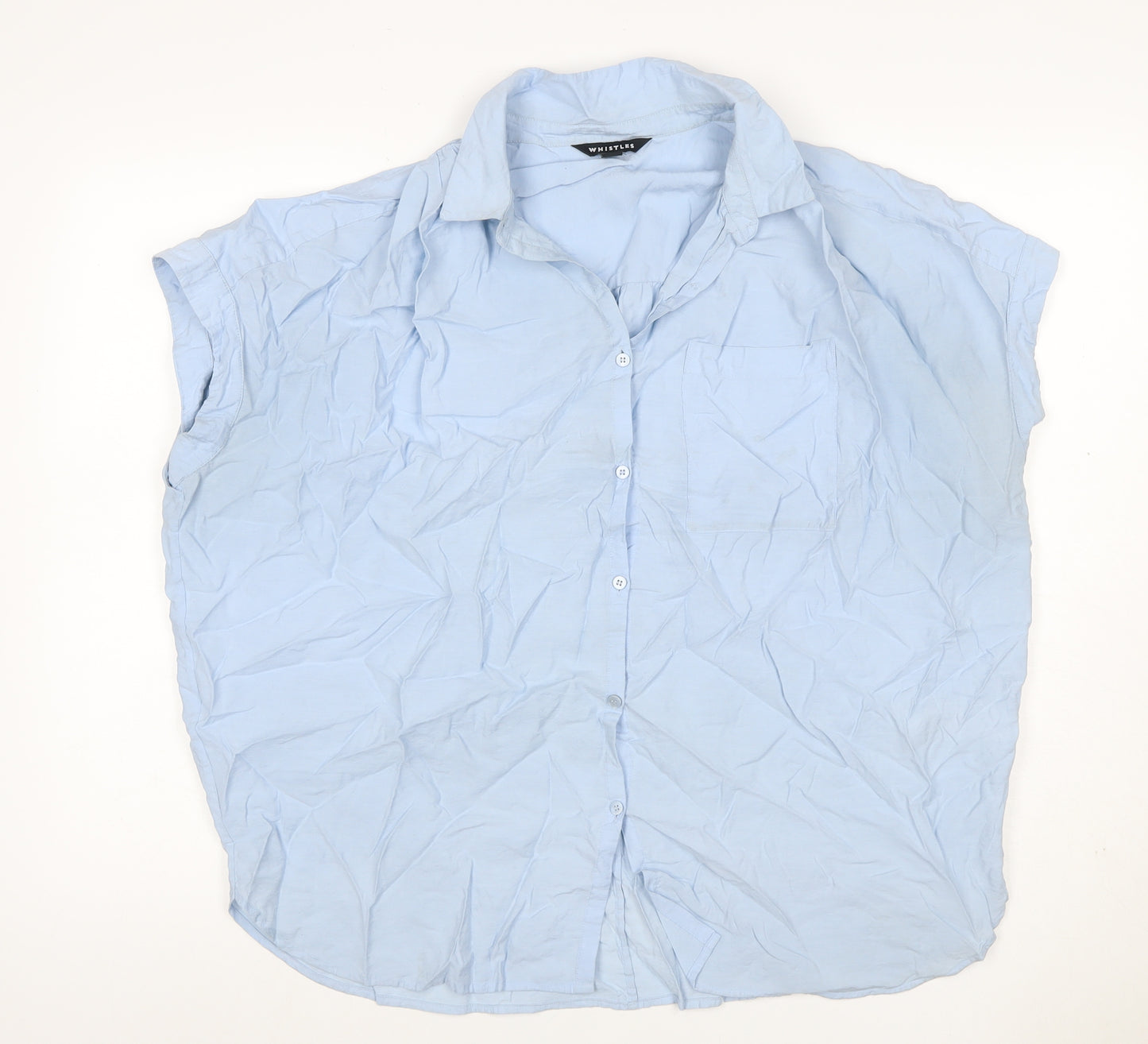 Whistles Women Blue L Cotton Short Sleeve Collared Button-Up Shirt