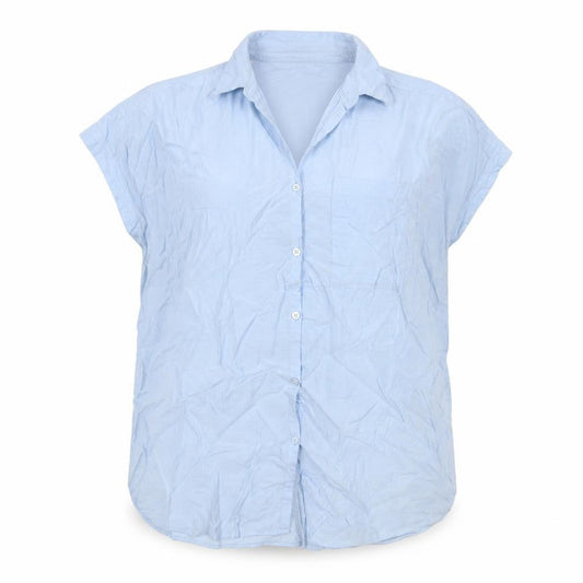Whistles Women Blue L Cotton Short Sleeve Collared Button-Up Shirt