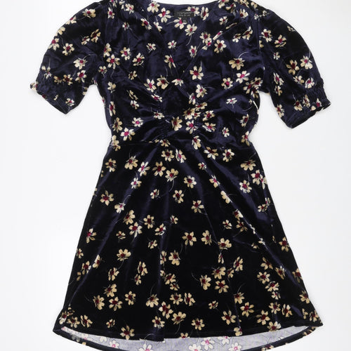 Topshop Women Blue Floral Velvet Fit & Flare Mini Dress UK 10