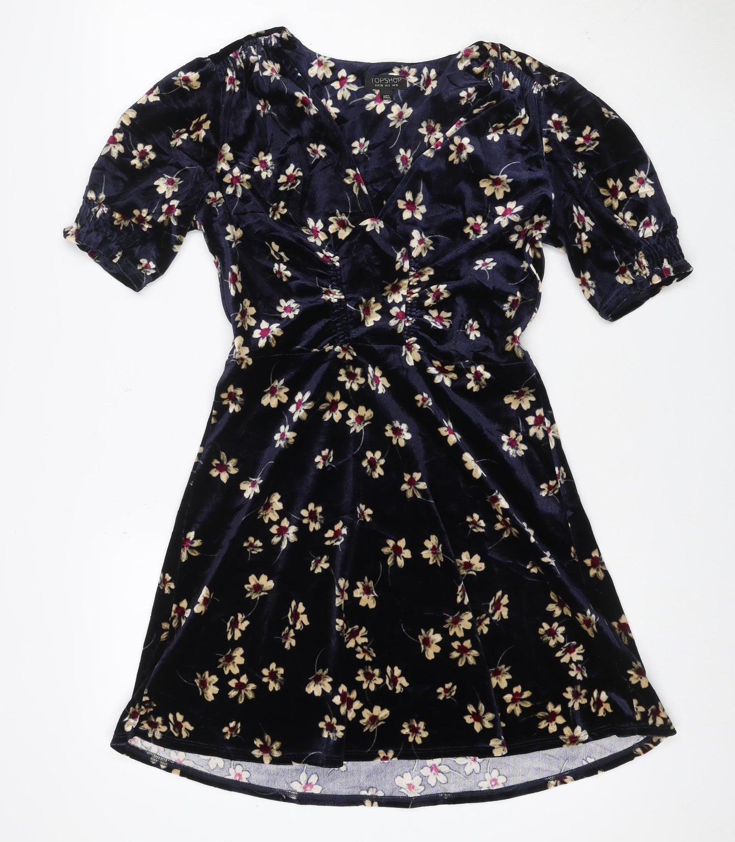 Topshop Women Blue Floral Velvet Fit & Flare Mini Dress UK 10