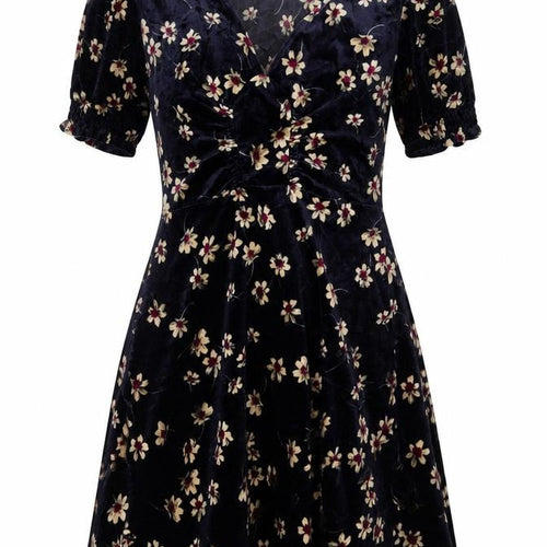 Topshop Women Blue Floral Velvet Fit & Flare Mini Dress UK 10