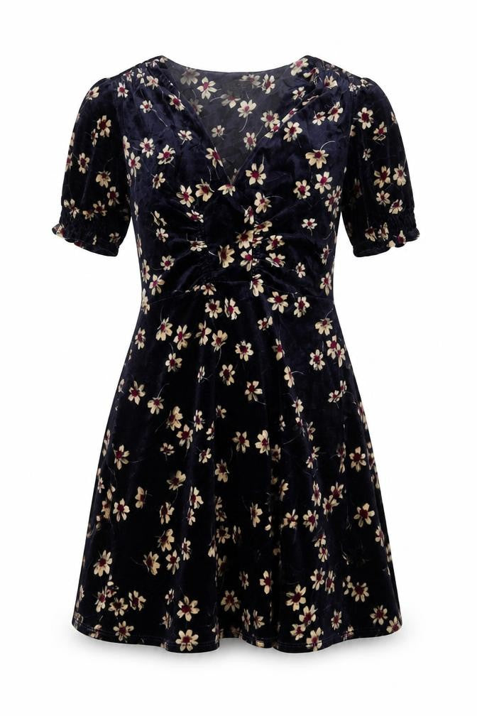 Topshop Women Blue Floral Velvet Fit & Flare Mini Dress UK 10