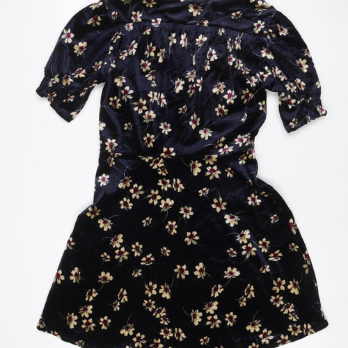 Topshop Women Blue Floral Velvet Fit & Flare Mini Dress UK 10