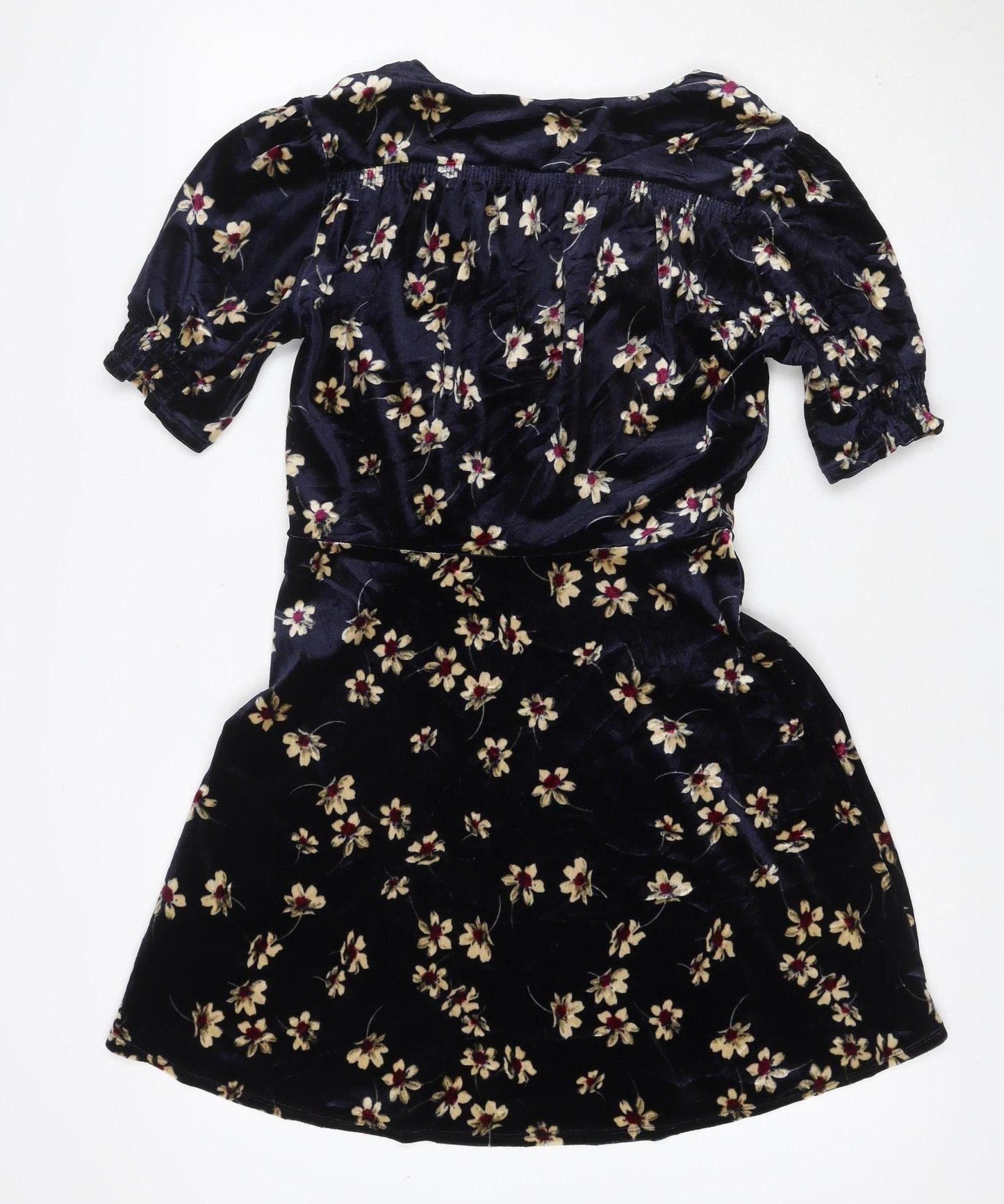 Topshop Women Blue Floral Velvet Fit & Flare Mini Dress UK 10