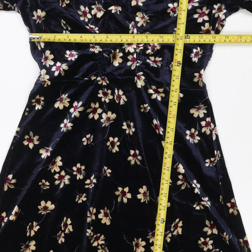Topshop Women Blue Floral Velvet Fit & Flare Mini Dress UK 10