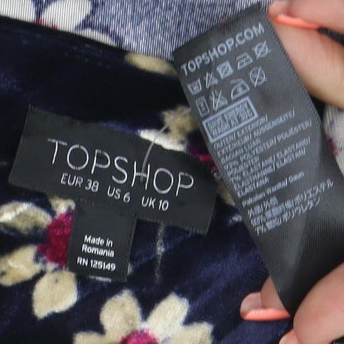 Topshop Women Blue Floral Velvet Fit & Flare Mini Dress UK 10