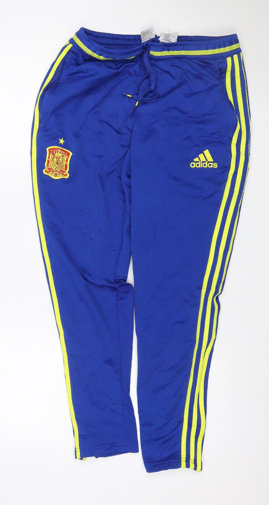 adidas Men Blue M Spain Football ClimaCool Track Pants Yellow Stripe