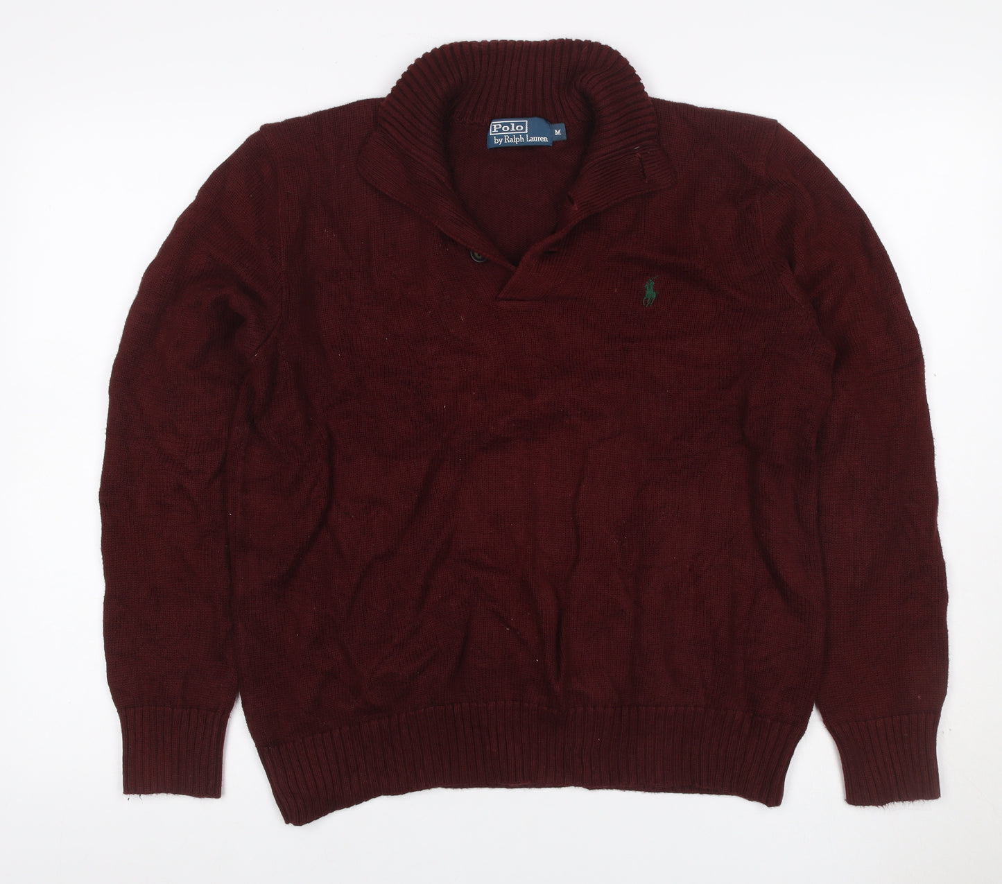 Polo Ralph Lauren Men Red M Cotton Knit Henley High Neck Jumper
