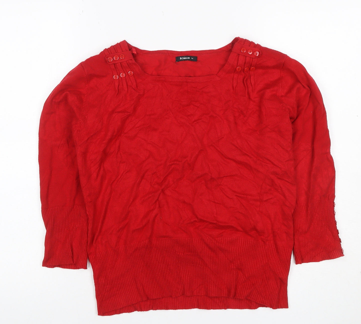Roman Women’s Red Size 14 Square Neck Button Detail Knit Jumper