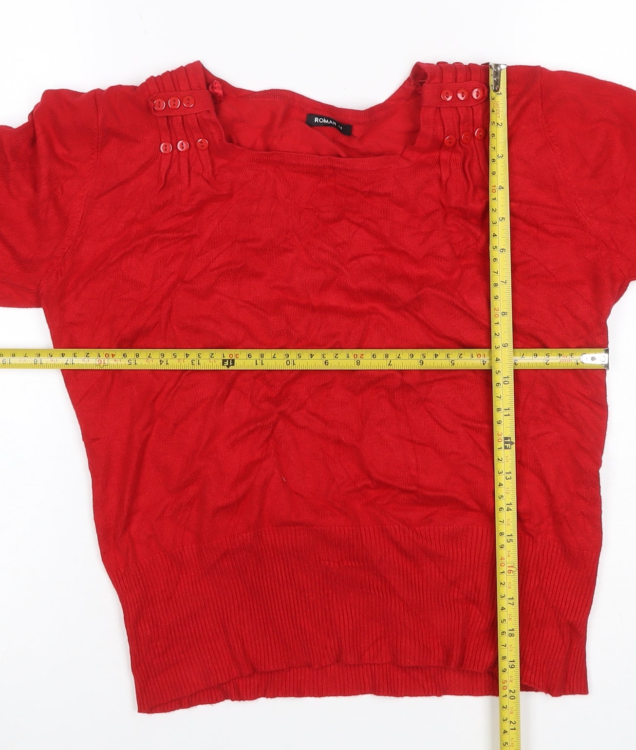 Roman Women’s Red Size 14 Square Neck Button Detail Knit Jumper
