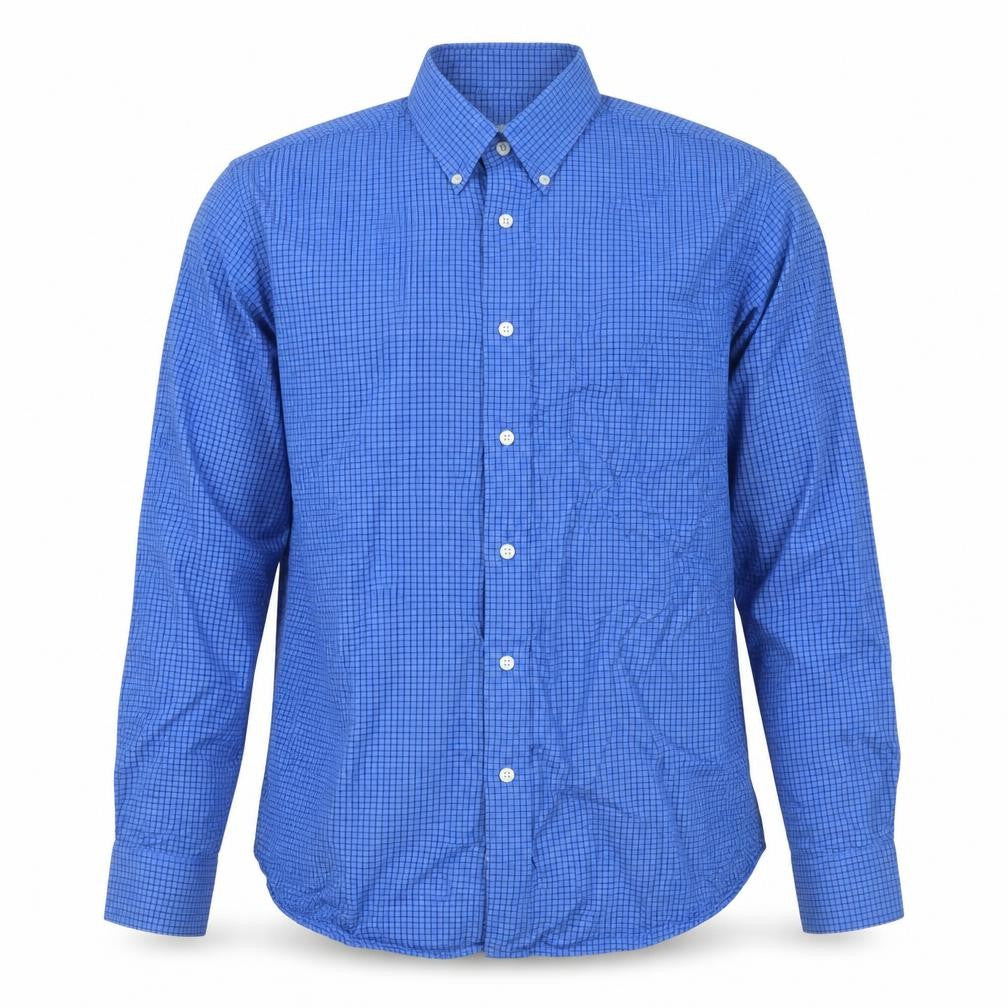 Front view of Vyella Men Blue M Check Cotton Modal Button-Down Long Sleeve Shirt