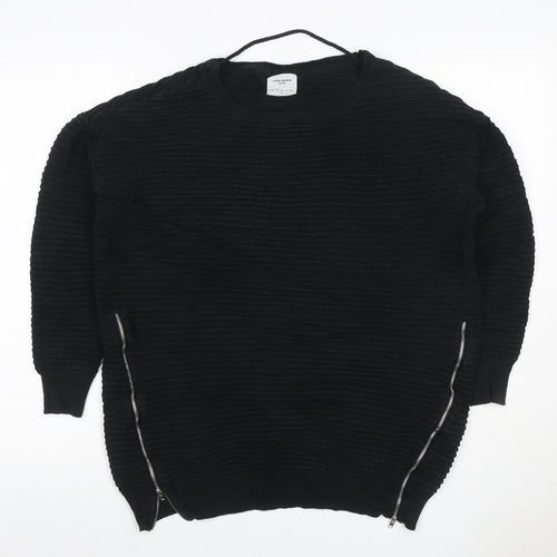 Vero Moda Women Black XL Ribbed Knit Zip Detail Crew Neck Jumper