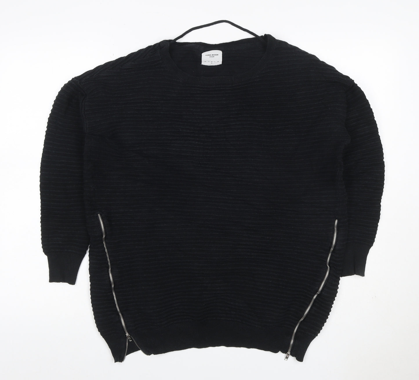 Vero Moda Women Black XL Ribbed Knit Zip Detail Crew Neck Jumper