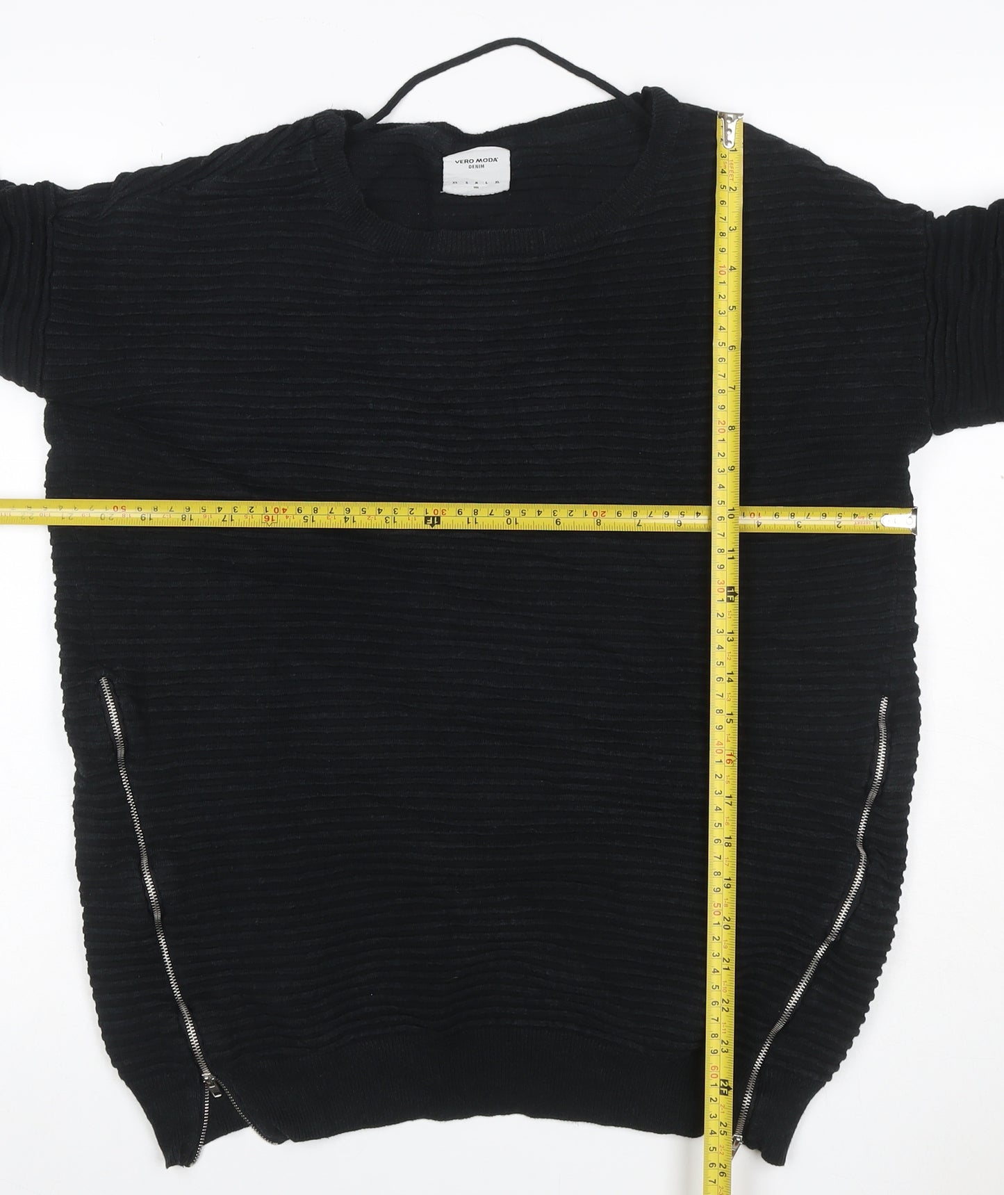 Vero Moda Women Black XL Ribbed Knit Zip Detail Crew Neck Jumper