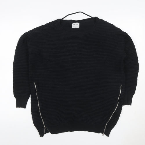 Vero Moda Women Black XL Ribbed Knit Zip Detail Crew Neck Jumper
