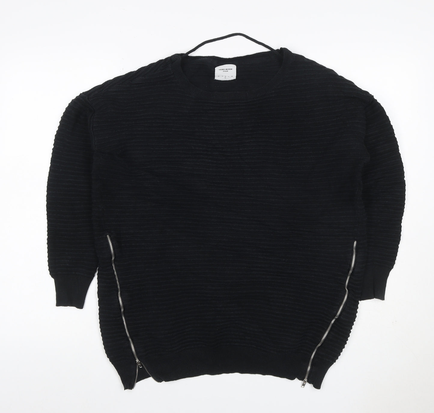 Vero Moda Women Black XL Ribbed Knit Zip Detail Crew Neck Jumper