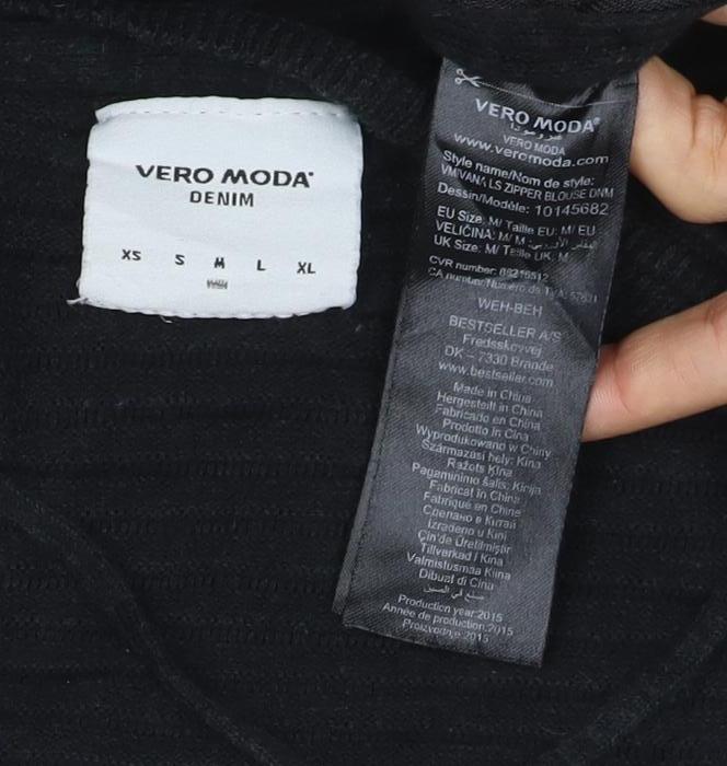 Vero Moda Women Black XL Ribbed Knit Zip Detail Crew Neck Jumper