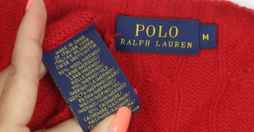 Polo Ralph Lauren Women Red M Cable Knit Merino Cashmere Crew Jumper
