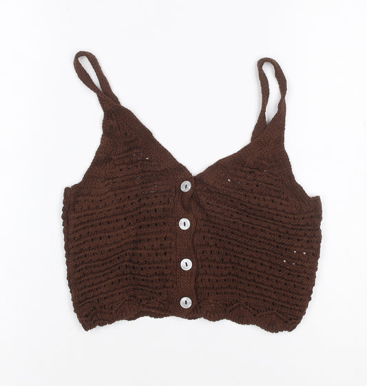 New Look Women Brown UK 8 Crochet Camisole Tank Top Button Boho