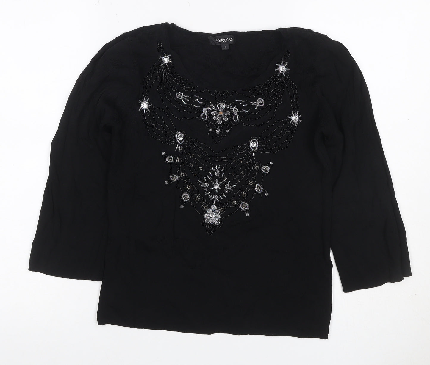Pomodoro Women Black UK 4 Beaded Rhinestone 3/4 Sleeve Blouse