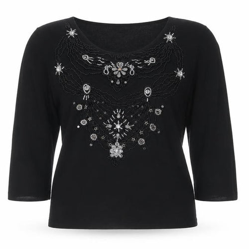 Pomodoro Women Black UK 4 Beaded Rhinestone 3/4 Sleeve Blouse
