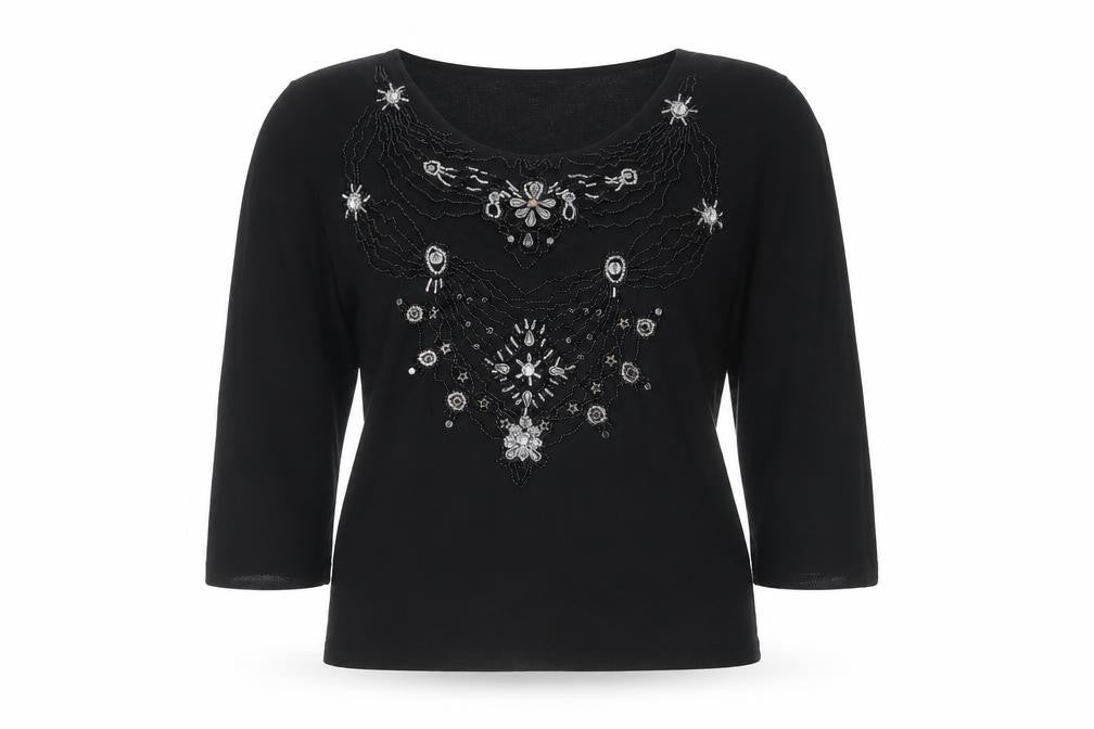 Pomodoro Women Black UK 4 Beaded Rhinestone 3/4 Sleeve Blouse