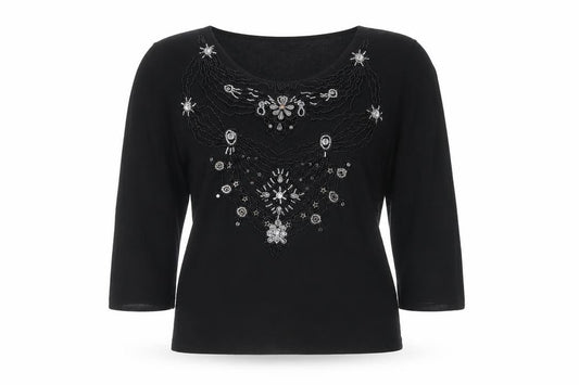 Pomodoro Women Black UK 4 Beaded Rhinestone 3/4 Sleeve Blouse