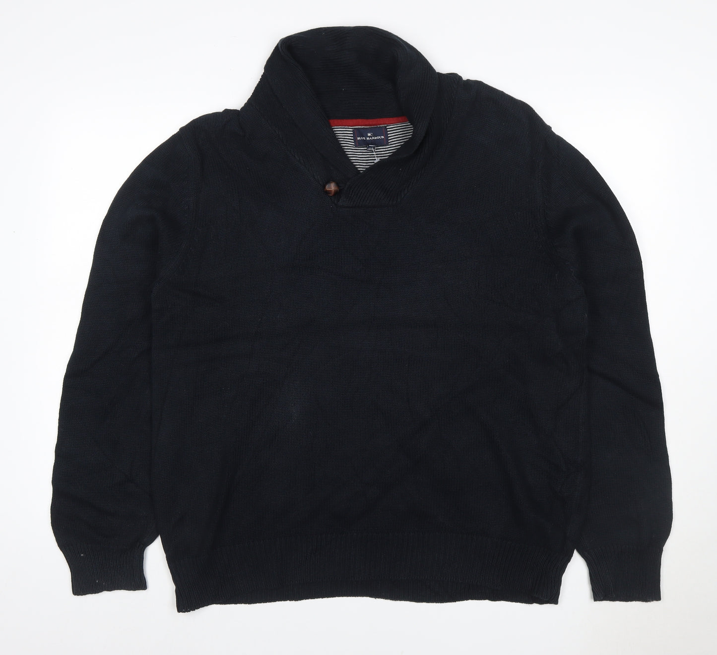 Blue Harbour Men Black XL Shawl Collar Cable Knit Cotton Jumper