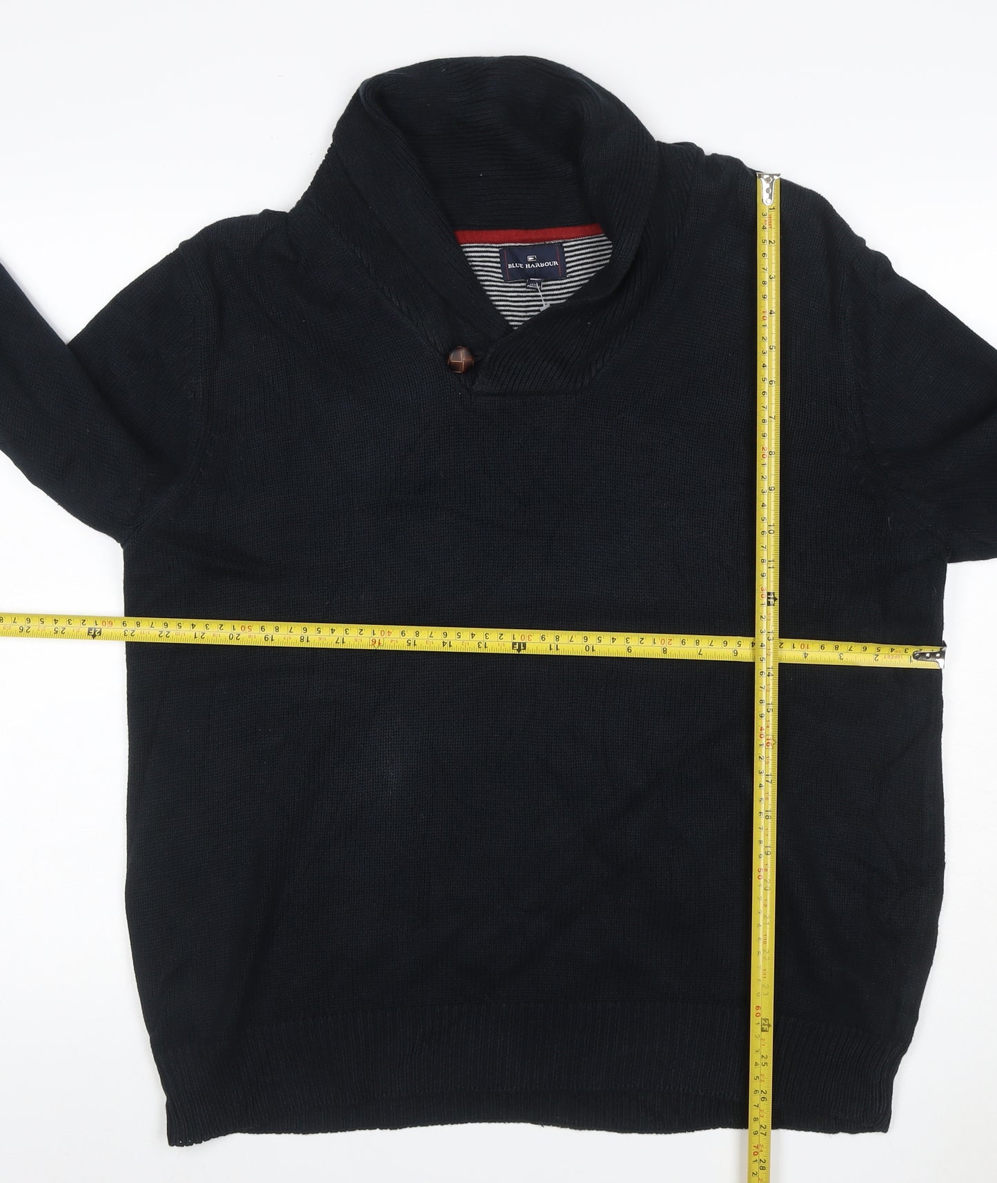 Blue Harbour Men Black XL Shawl Collar Cable Knit Cotton Jumper