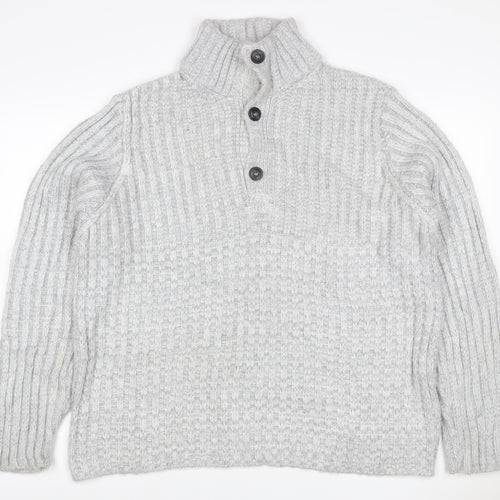 John Lewis Men Grey M Chunky Knit High Neck Button Henley Jumper