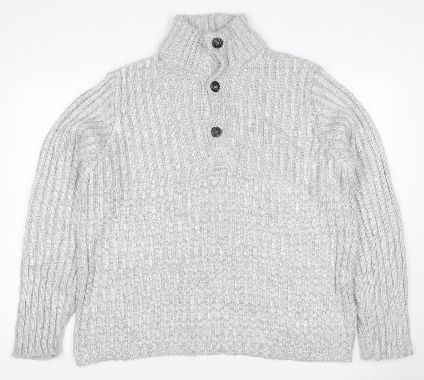 John Lewis Men Grey M Chunky Knit High Neck Button Henley Jumper