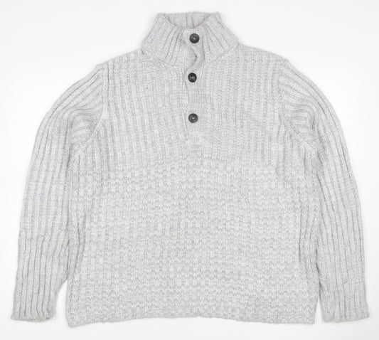 John Lewis Men Grey M Chunky Knit High Neck Button Henley Jumper