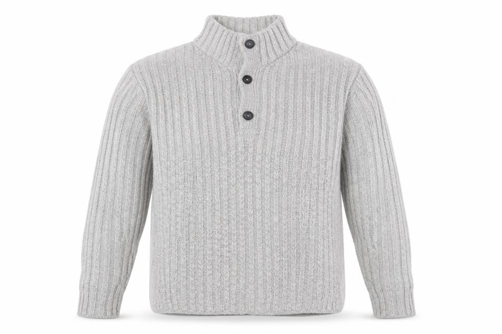 Front view of John Lewis Men Grey M Chunky Knit High Neck Button Henley Jumper