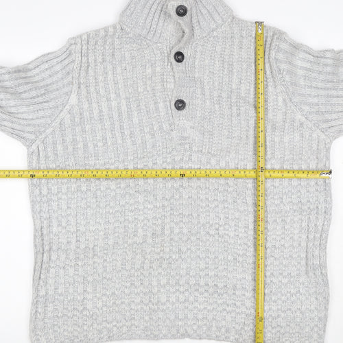 John Lewis Men Grey M Chunky Knit High Neck Button Henley Jumper