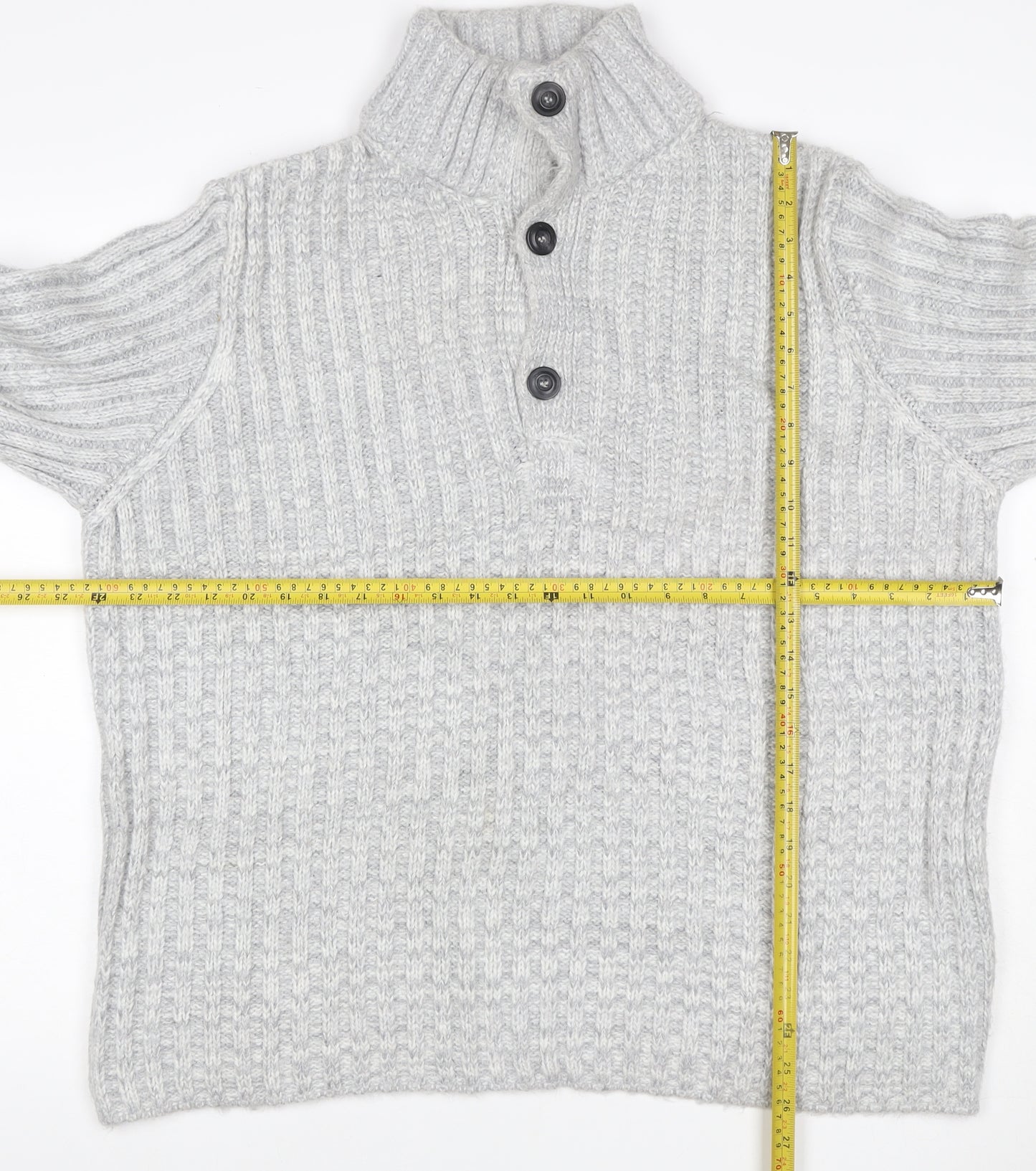 John Lewis Men Grey M Chunky Knit High Neck Button Henley Jumper