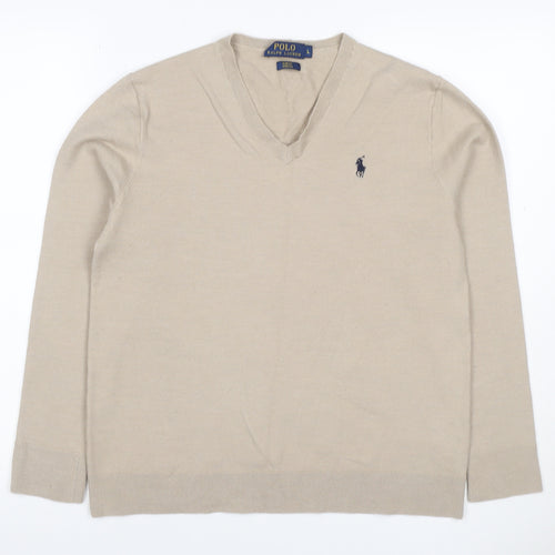 Polo Ralph Lauren Men’s Beige L Slim Fit Cashmere Wool V-Neck Jumper