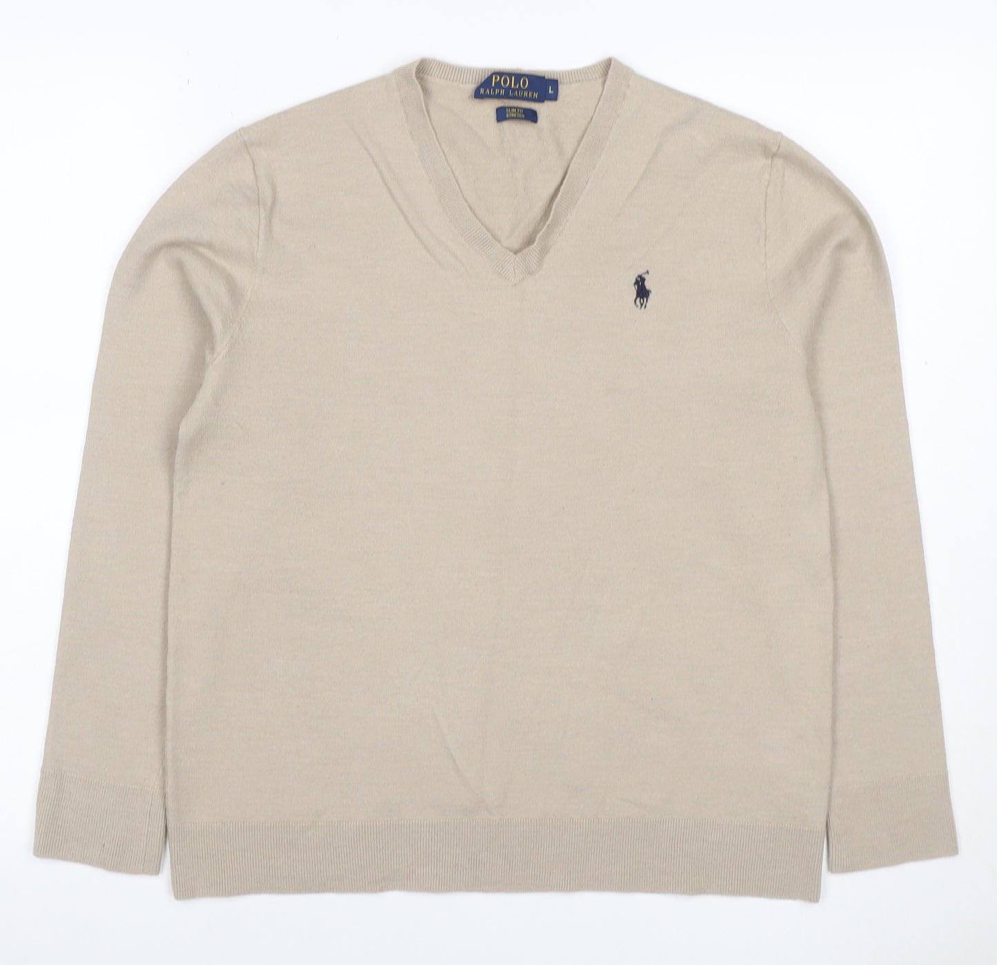 Polo Ralph Lauren Men’s Beige L Slim Fit Cashmere Wool V-Neck Jumper