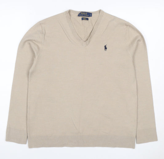 Polo Ralph Lauren Men’s Beige L Slim Fit Cashmere Wool V-Neck Jumper