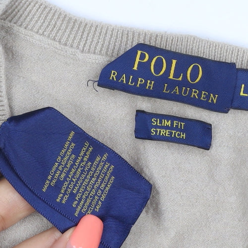 Polo Ralph Lauren Men’s Beige L Slim Fit Cashmere Wool V-Neck Jumper