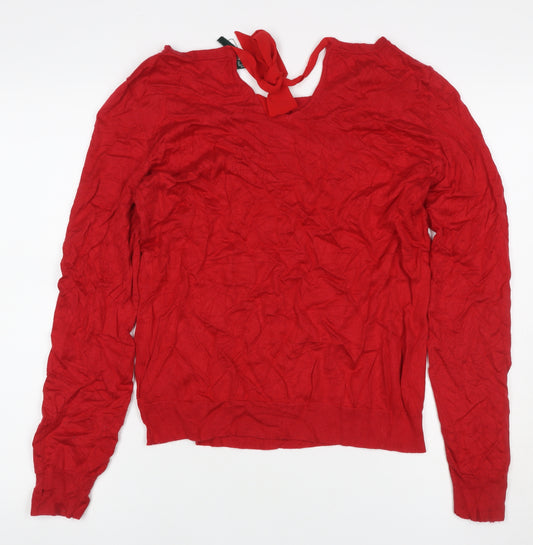 Lauren Ralph Lauren Women Red L Silk Blend Tie Neck Knit Blouse