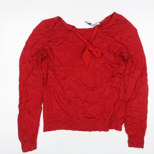 Lauren Ralph Lauren Women Red L Silk Blend Tie Neck Knit Blouse