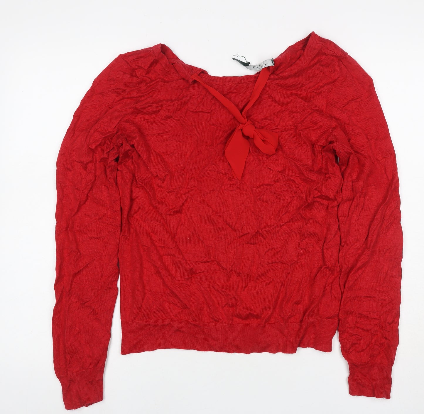 Lauren Ralph Lauren Women Red L Silk Blend Tie Neck Knit Blouse