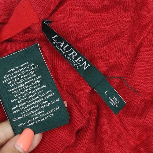 Lauren Ralph Lauren Women Red L Silk Blend Tie Neck Knit Blouse